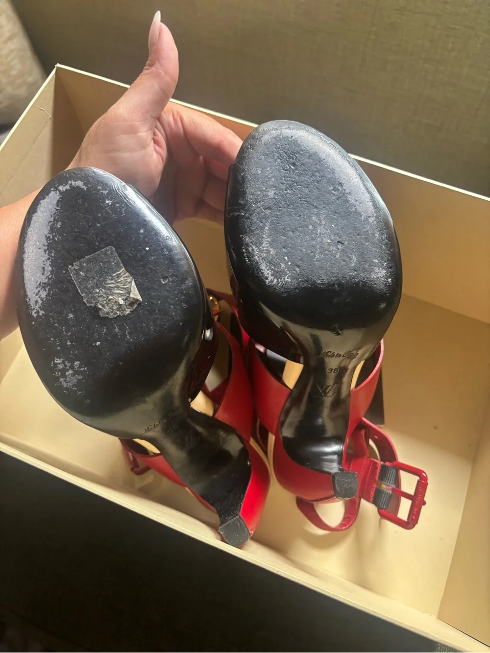 Louis Vuitton Black Patent and Red Ankle-Strap Heels with Gold Accent